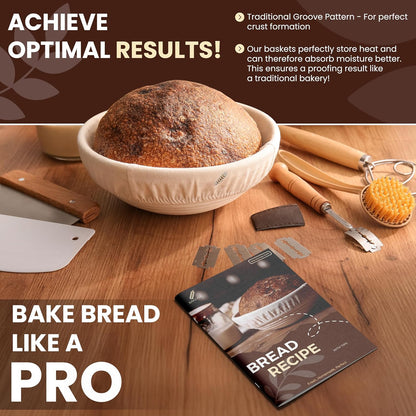 BAKERIA 9" Banneton Proofing Basket Kit (Round) – Sourdough Bread Making Set with Danish Whisk, Bread Lame + 5 Blades, 2 Scrapers, Brush, Linen Liner & Recipe Book – No Starter Culture