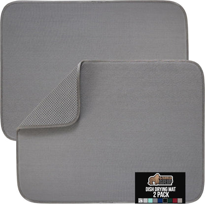 GORILLA GRIP Ultra Water Absorbent Microfiber Dish Drying Mat, Quick Dry Thick Mesh, Slip Resistant Pad for Sink Dishes or Under Rack, Kitchen Counter Accessories, 16x18, Machine Wash, 2 Pack Gray