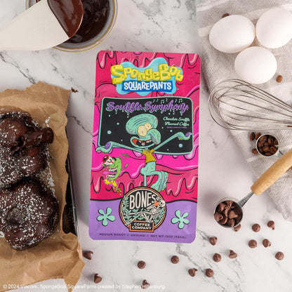 Bones Coffee Company Spongebob Soufflé Symphony, Chocolate Soufflé Flavored Ground Coffee Beans, Low Acid Medium Roast Arabica Beans Flavored Coffee, 12 oz Ground