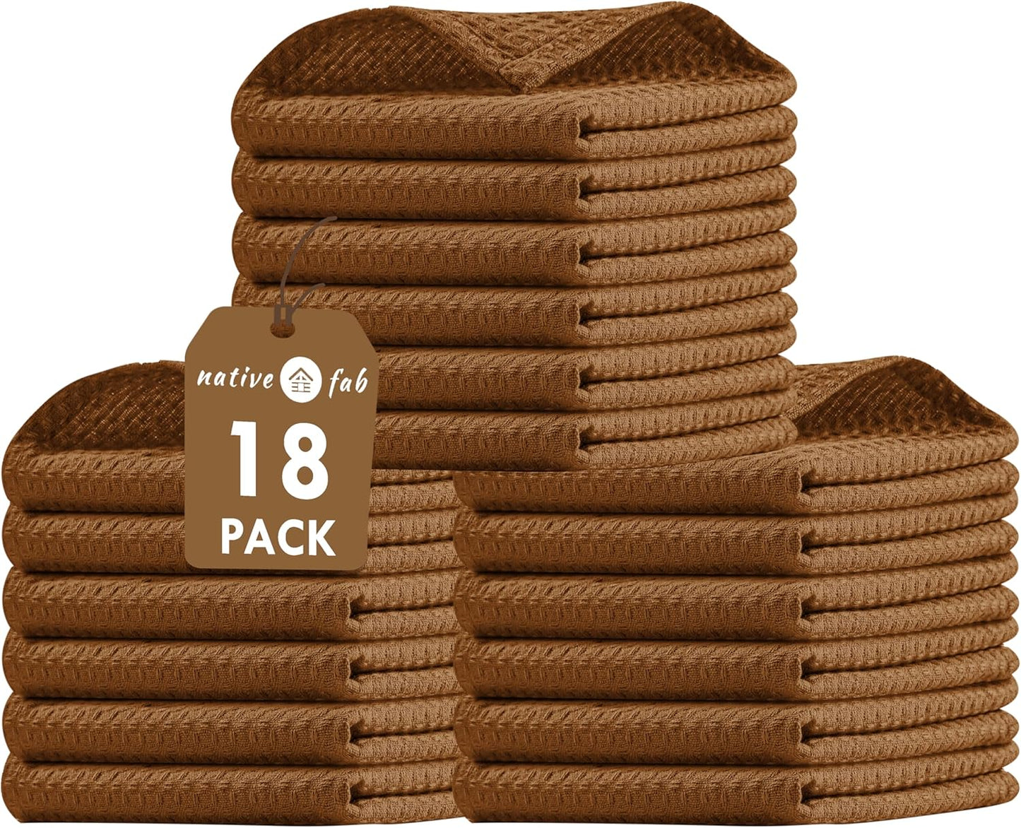 Native Fab 18 Pack Waffle Dish Cloths - 12x12 inch, 100% Cotton, Absorbent, Quick Drying, Washable & Reusable Towels for Cleaning, Cooking, Baking - Ideal for Home, Restaurants, Hotels, Cafes - Brown