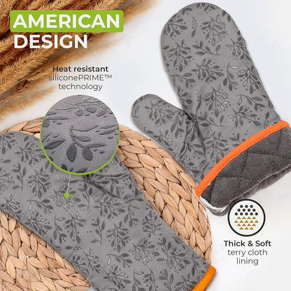 Premium Heat-Resistant Oven Mitts - Stylish and Beautiful - Non-Slip Platinum Silicone Grip - Long and Thick - 100% Natural Cotton Exterior and Soft Terry Cloth Lining - Set of 2 by Cook'n'Chic
