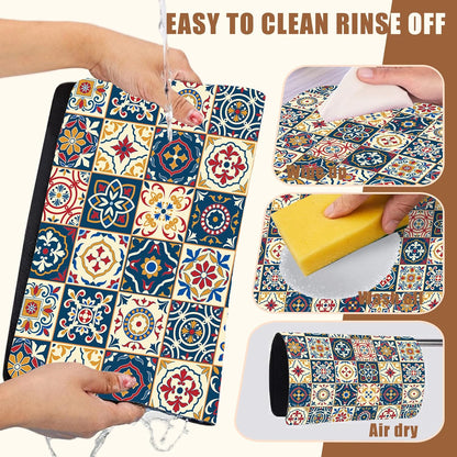 Dish Drying Mat Moroccan Tile Coffee Bar Mat for Countertop Absorbent Rubber Backed Hide Stain Dish Drainer Rack Pad Coffee Maker Espresso Machine Dining Room Decoration 11.8 x 19.7 Inch