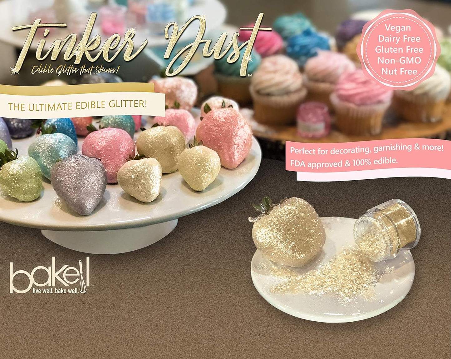 Bakell Bulk Size | Champagne Gold/Beige Edible Tinker Dust Edible Glitter Jar | Food Grade Gourmet Dessert, Foods, Drink Garnish Cream 25g