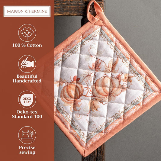 Maison d' Hermine Pot Holders Set 100% Cotton Heat Resistant Potholders 8" x 8" Hot Pads with Loop BBQ, Cooking, Baking, Grilling, Kitchen, Handling Hot Pans (Pack of 2, Giving Thanks)