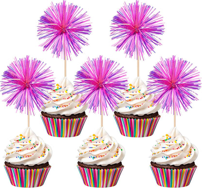 30 PCS Foil Firework Cupcake Toppers Happy Birthday Cupcake Toppers Sparkle Tinsel Flower Drink Stirrers Cocktail Fruit Toothpicks for Valentine's Day Baby Shower Party Cake Decor Supplies Rose Red