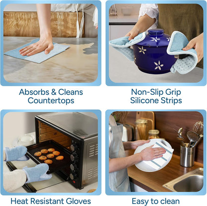 Casa Platino Silicone Oven Mitts Set, 8-Piece – 500°F Heat Resistant Mini Oven Mitt Set, Potholders for Kitchens, 2 Kitchen Towels & 2 Dish Cloths – Durable, Non-Slip & Machine Washable – Cornflower