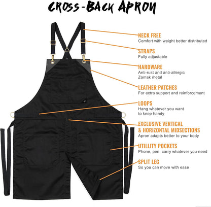 Under NY Sky Cross-Back Deep Black Apron - Durable Twill with Leather Reinforcement and Split-Leg - Adjustable for Men and Women - Pro Chef, Tattoo, Baker, Barista, Bartender, Stylist, Server Aprons