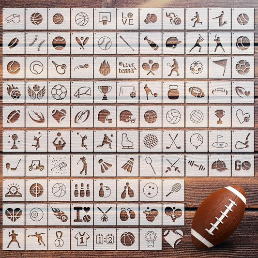 Fainne 100 Pcs Stencils for Painting on Wood Reusable Stencil Crafts Drawing Templates Holiday Wall Paper for DIY Scrapbook Home 2 x 2 Inch (Sport,Ball)