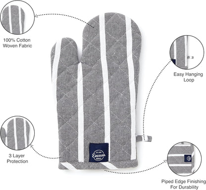 Encasa XO Long 12"x7" Oven Microwave Hand Gloves Mitts (2 pc Set) for Kitchen Cooking & Baking - Heat Resistant, Thick & Safe, Protection of Hands from Hot Utensils - Roma Grey Stripes