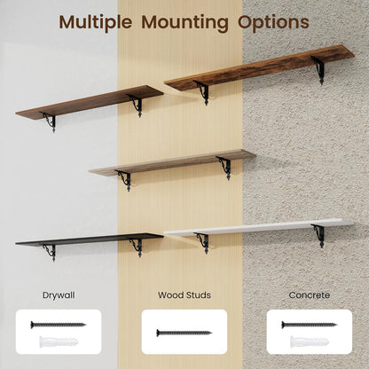 RICHFOCUS Floating Shelves for Wall Decor, 47.3W x 8D Wall Shelves Set of 2, 8 Inch Deep Rustic Wood Shelves Wall Mounted with Brackets, Long Floating Shelves for Living Room Bedroom Kitchen, White