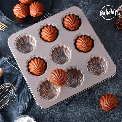 Madeleine Mold Cake Pan, 9-Cavity Non-Stick Spherical Shell Madeline Bakeware for Oven Baking (Champagne Gold)