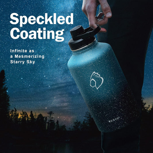 BUZIO 64 oz Water Bottle Insulated with Straw & 3 lid and Carrying Pouch, Leak Proof Half Gallon Stainless Steel Water Flask Jug, Cold for 48 Hrs Double Vacuum Thermo Canteen, BPA-Free, Starry Indigo