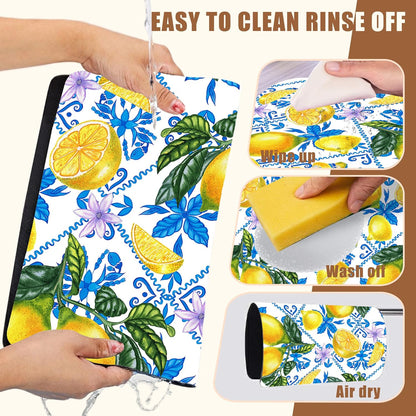 Lemon Fruit and Purple Flower Coffee Mat Absorbent Dish Drying Mat for Kitchen Counter Hide Stain Rubber Backed Coffee Bar Accessories Fit Under Espresso Machine Dish Drainer, 15.7 x 23.6 Inch