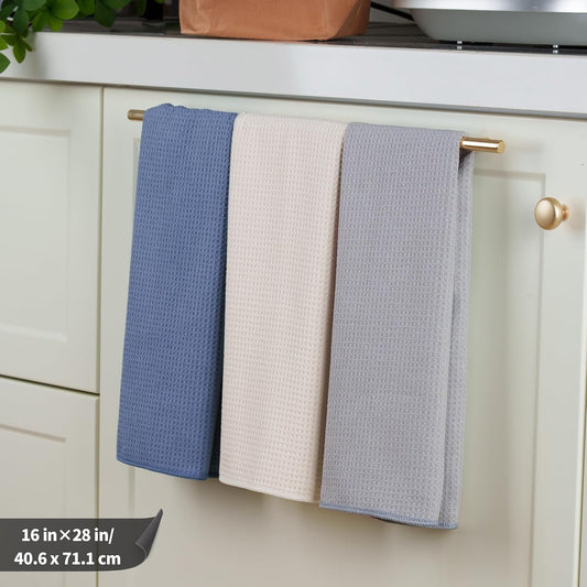 POLYTE Premium Microfiber Kitchen Dish Hand Towel Waffle Weave 12 Pack (16x28 in, Dark Blue, Gray, Off White)