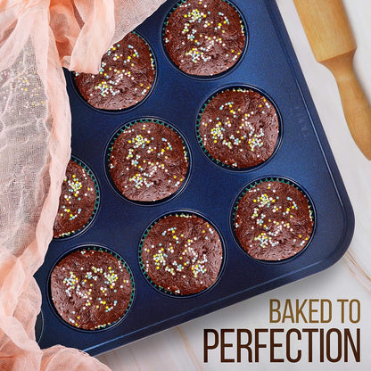 NutriChef 12-cup Blue Oven Muffin Pan, Non-Stick Coated Layer Surface, Even Heating Muffin Tray for Muffins, Cupcakes, Pastries & Mini Pies, Used for Model Number NCBK6TR