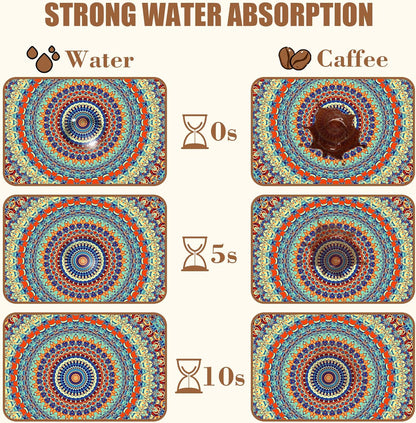 Boho Mandala Ethnic Coffee Mat Absorbent Dish Drying Mat for Kitchen Counter Hide Stain Rubber Backed Coffee Bar Accessories Fit Under Espresso Machine Dish Drainer 11.8 x 19.7 Inch