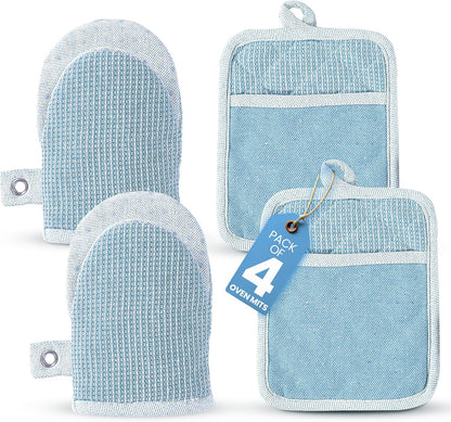Casa Platino BBQ Gloves & Potholders Set, 4Pc Kitchen Mitts for Oven & Baking, Pot Holder for Hot Pots & Dishes – Heat Resistant Up to 500°F, Non-Slip & Machine Washable – Cornflower